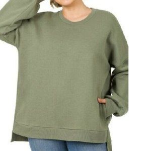 Round Neck Oversized Sweatshirt Pullover Pockets Cozy Lt. Olive Plus 1X 2X